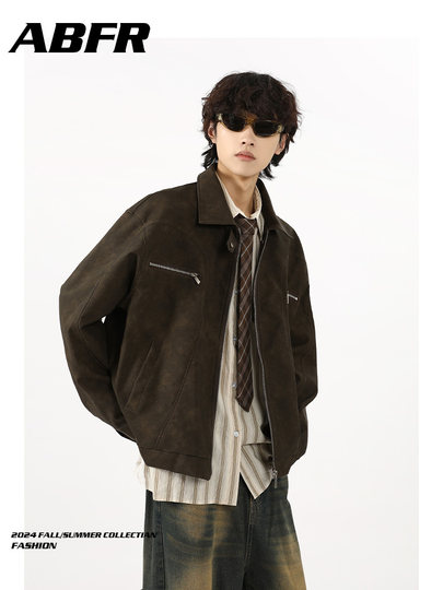 Мужская кожаная куртка ABFR в американском ретро-стиле, коричневая, осенний стиль Cleanfit, мотоциклетная рабочая куртка из искусственной кожи на молнии