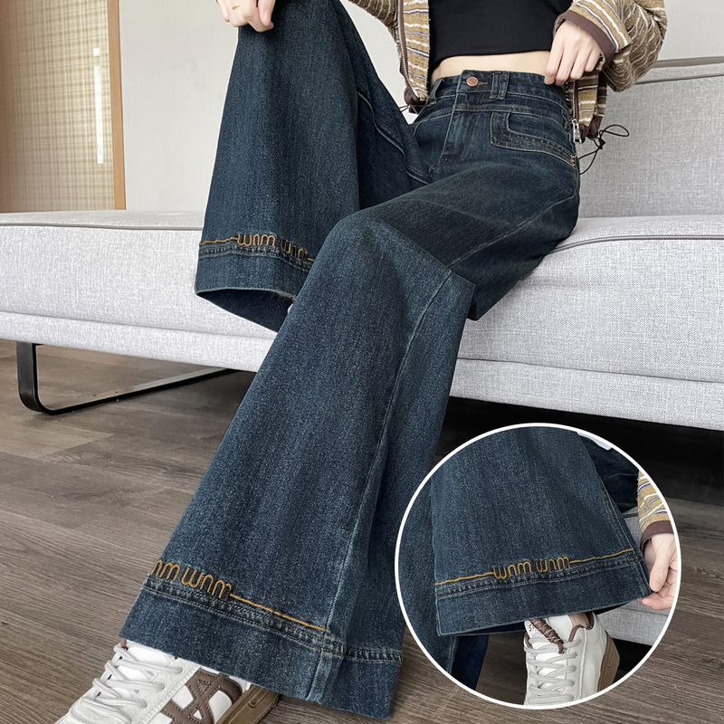 Drapey Wide-Leg Jeans for Women, 2026 Spring and Autumn New Style, Letter Embroidery Design Wide-Leg Jeans Drapey Wide-Leg Jeans for Women, 2026 Spring and Autumn New Style, Letter Embroidery Design Wide-Leg Jeans
