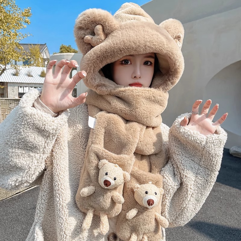 2023 new small bear hat scarf scarves gloves three-piece integrated hat adorable plush hat scarf with hat woman winter-Taobao