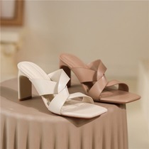 6743-5 半拖女夏气质凉鞋223新款法式软皮方头粗跟交叉带凉拖鞋