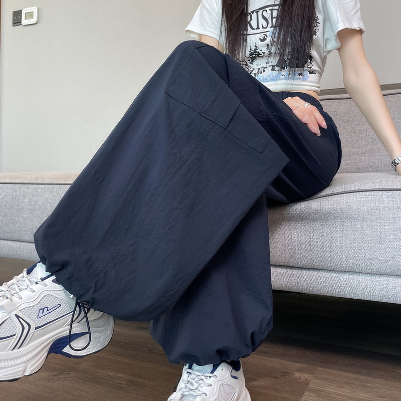 Navy Blue Ice Silk Quick-Dry Work Pants for Women, Summer Thin High-Waisted Loose Casual Jogger Sports Wide-Leg Pants