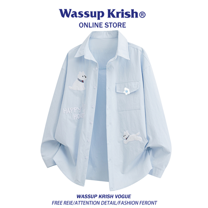 Wassup Krish Puppy Embroidered Light Blue Long-Sleeved Shirt for Men Autum 2026 New Casual Loose Shirt Wassup Krish Puppy Embroidered Light Blue Long-Sleeved Shirt for Men Autum 2026 New Casual Loose Shirt