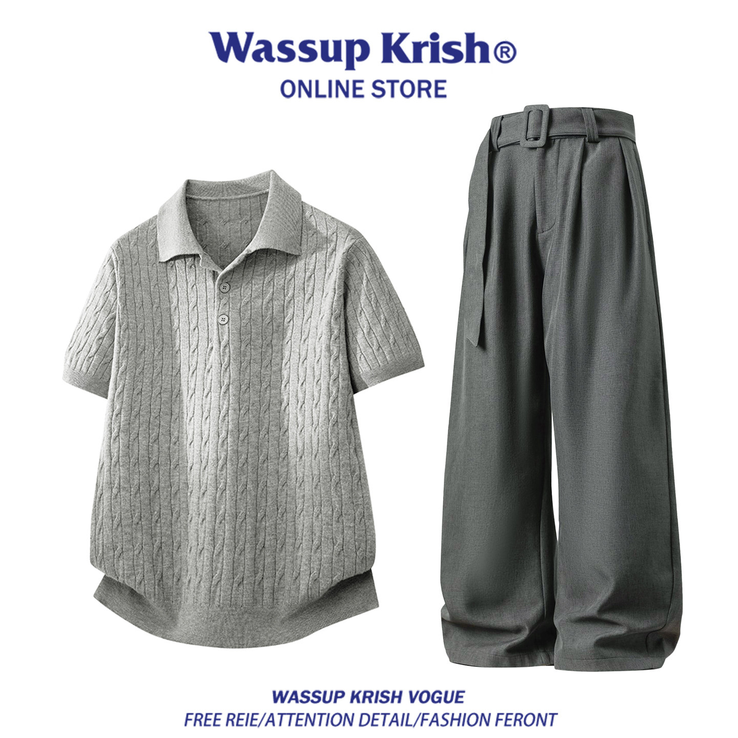 WASSUP KRISH老钱风休闲套装男夏季新款针织麻花短袖polo衫一整套