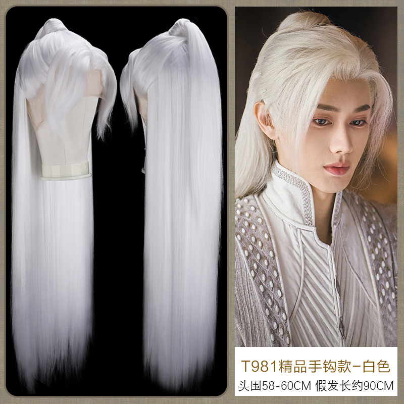Film and Television Fairy Tale Style White Long Straight Hair Wig, Ancient Style Men's One-Piece Half-Draped Hairpiece, Realistic Hair 981