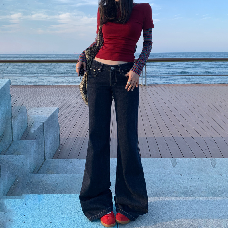 Artistic and Beautiful American-Style Dark Blue Low-Waisted Loose Flared Pants for Women, New Spring and Summer Versatile Drapey Bell-Bottom Floor-Length Jeans