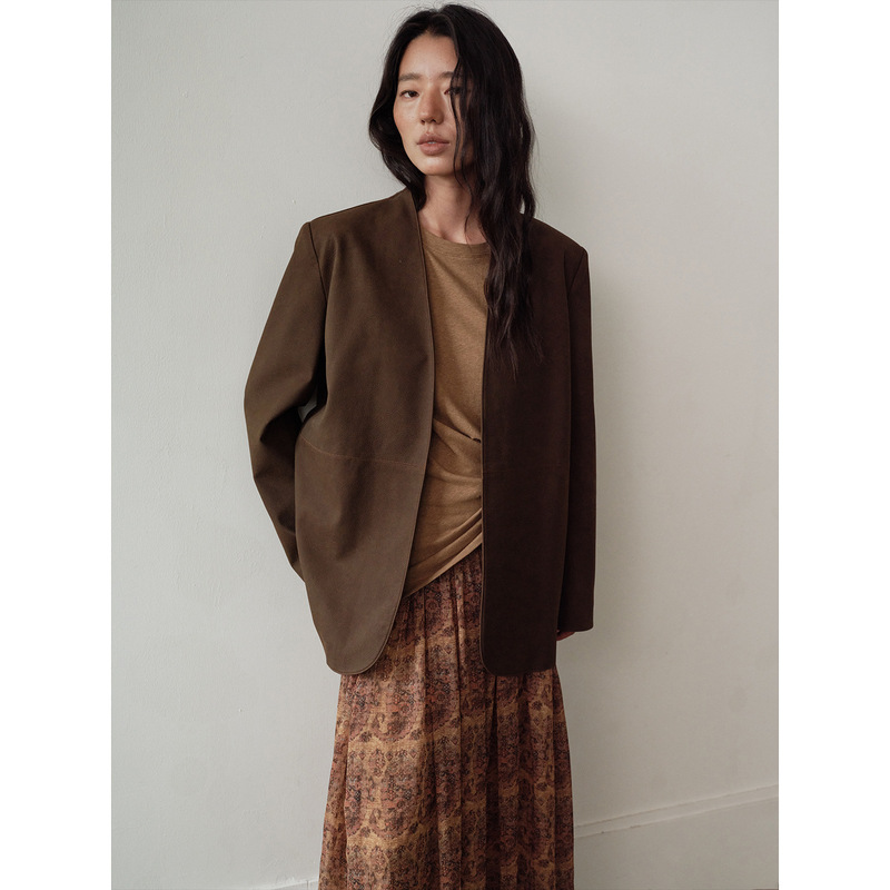 New Open Early Autumn Old Money Style Workwear Retro Loose V-Neck Buttonless Pu Leather Jacket