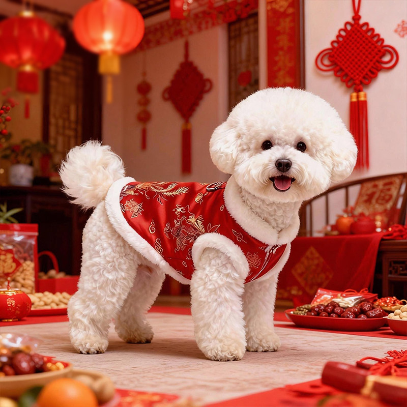 2026 New Chinese Style Tang Suit Dog Clothes Winter Outfit for Small Dogs Like Bichon Frise and Corgi, New Year Four-Legged Clothing