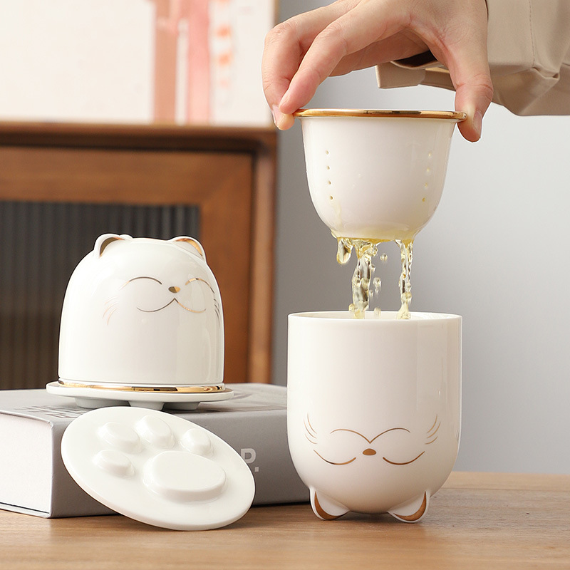 Cute Cup Trick Cat Tea Maker Tea Mark Cup Ceramic With Lid Tea Water Separation Couple Pair Cup Tea Set Gift-Taobao