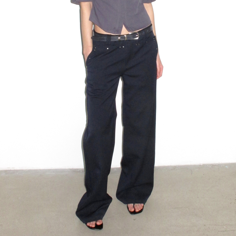 Mito De Dar Dark Blue Front Pocket Studded Design, Straight-Leg Casual Pants with a Low Waist and a Clean, Urban Look