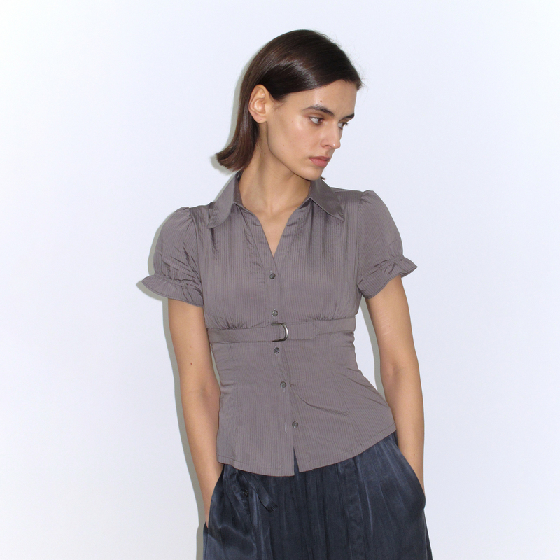 Mito De Dar Dark Striped Puff Sleeve V-Neck Japanese-Style Button Waist-Cinching Slim-Fit Urban Short-Sleeve Shirt