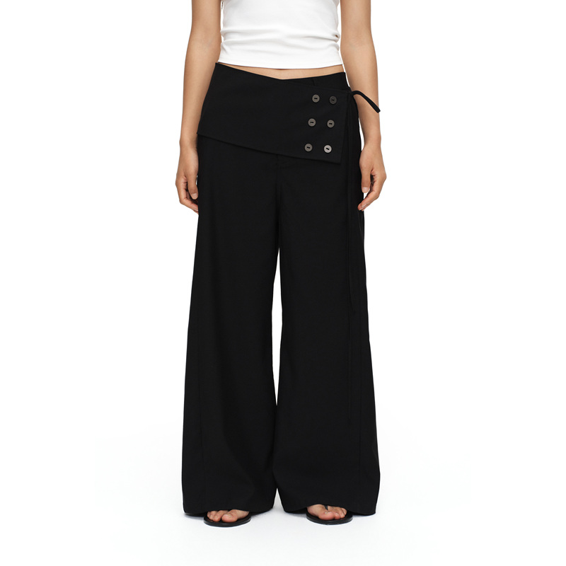 Oinimi One-Piece Button Straight-Leg Trousers, Black Loose Casual Baggy Pants with Detachable Skirt Piece