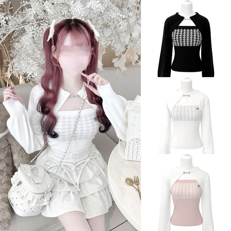 Honeymew Same Style Houndstooth Knit Halter Neck Cut Out Short Top Two-Piece Set for Women Autumn and Winter