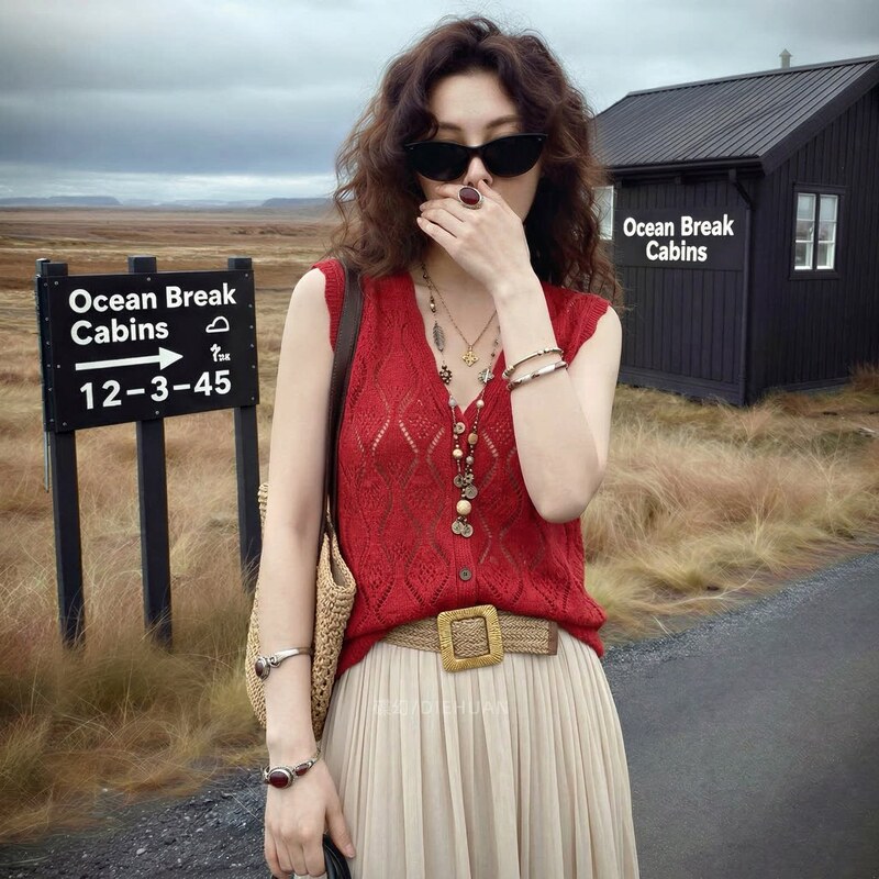 Outlet Brand Clearance Red V-Neck Hollow-Out Knit Vest for Women, Sleeveless High-End Versatile Top