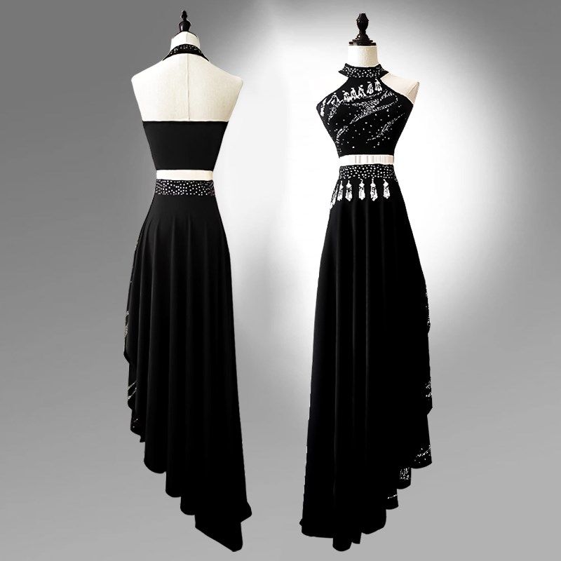 Dai Ethnic Dance Dress Modern Large Hem Skirt Black Open Fork Flowers Waist Practicing Qigong 15-time B-Tobao