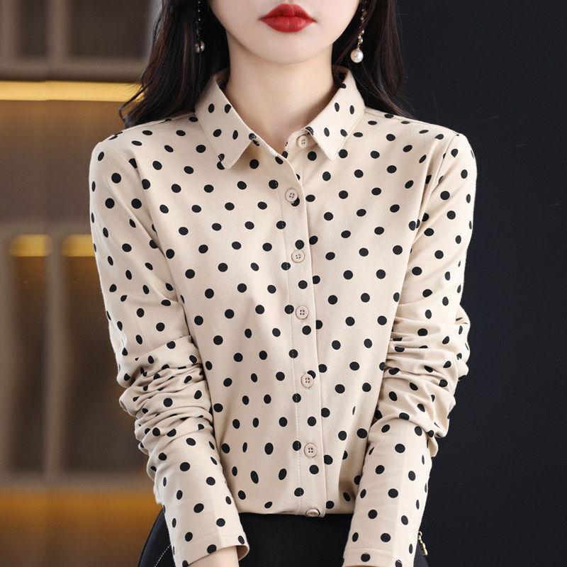 レディース ドット柄 ピュアコットンシャツ 春秋デザイン 長袖 ベースレイヤーシャツ 厚手 冬用フリース 暖かいインナートップ
