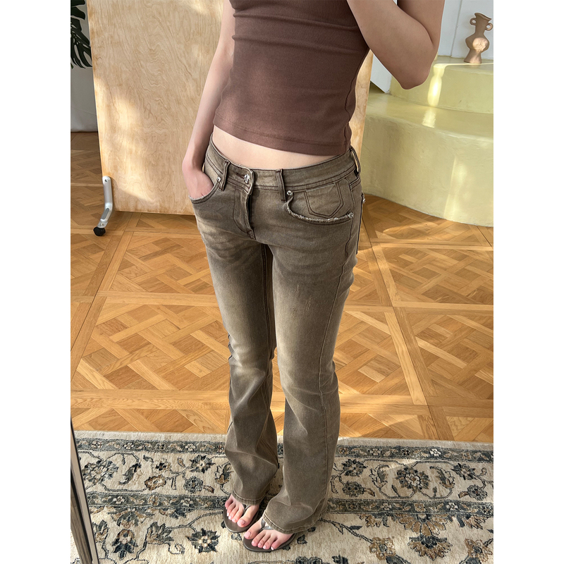 3Cenes Retro Brown Washed Whiskered Flared Low-Rise Stretch Versatile Floor-Length Jeans for Women