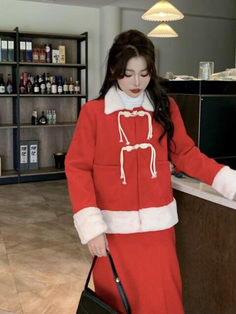 Red Christmas and New Year Festive Outfit Set, Fashionable Two-Piece Set for Spring, Autumn, and Winter, Long Skirt and Jacket