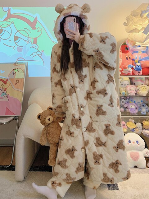 Vockoo Women's Winter Coral Fleece Three-Layer Quilted Nightgown Cute Bear Design Warm Fleece Thickened Loungewear