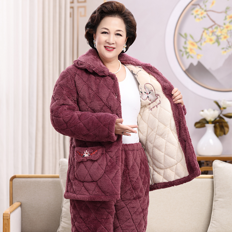 Pajamas Woman Autumn Winter Style Coral Suede Thickened Garnter Middle Aged Mother Triple Clip Cotton Warm Home Suit-Taobao