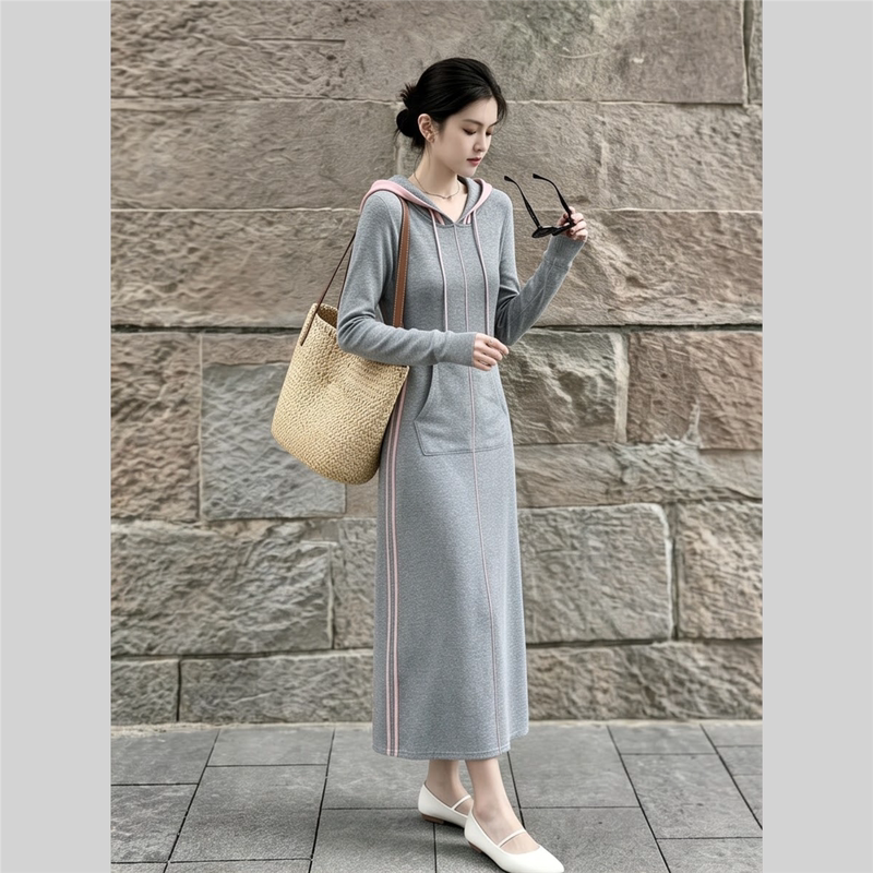 2026 Autumn Slow Life Style Gray Hooded Dress Women's Long Sleeve High-End Slimming Long Dress