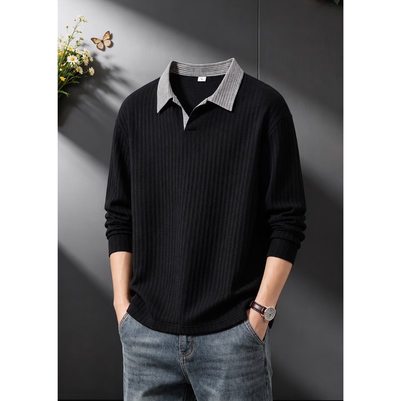 Black Houndstooth Lapel Long-Sleeve Polo Shirt for Men, Autumn Casual Stylish Base Shirt, American High Street Style Regular Shoulder Sweatshirt