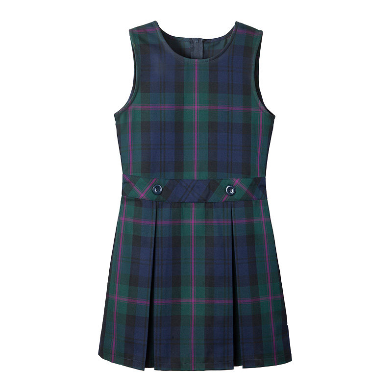 Dark green navy blue grid I-shaped pleated dress 14L205