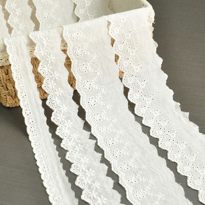 White wide cotton fabric embroidered lace trim, diy handcrafted neckline, hem, skirt hem, bedding, curtains, pure cotton lace hem