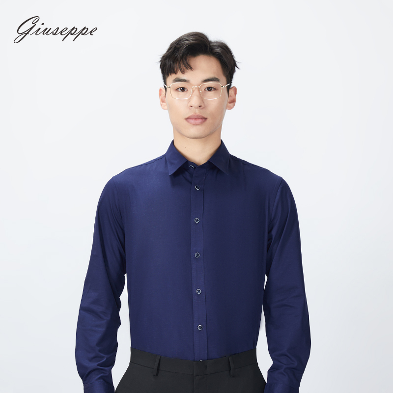 George White Men's Spring and Autumn Blended Slightly Elastic Long Sleeve Shirt Business Pointed Collar Slim Fit Solid Color Casual Shirt