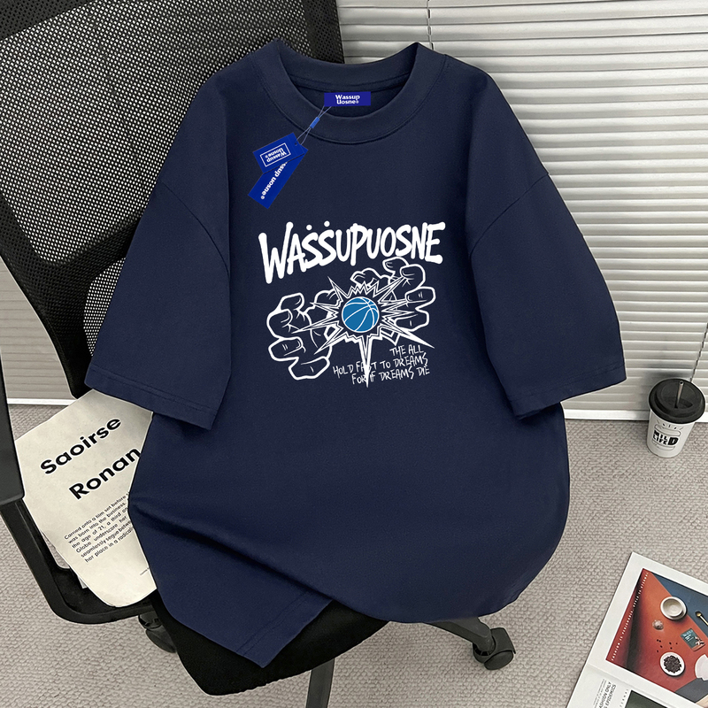 Wassup Heavyweight Pure Cotton Short-Sleeved T-Shirt for Men, New Summer Style, Loose Letter Print, Couple Style Half-Sleeved Top