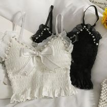 Summer Lace Bow Camisole for Women Pleated Crop ops Vintage