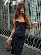 Cutenew Womens Blue Denim Corset Halter Top Cotton Patchwor