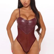 Sexy PU Leather Bodysuits Womens Mesh Patchwork Jumpsuits Sl