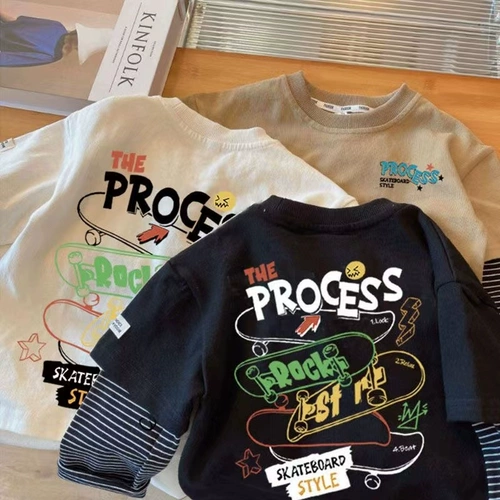 Футболка для мальчиков, хлопковый осенний лонгслив, мультяшный детский комплект, детская одежда