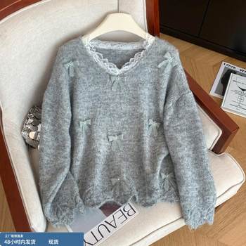 Designed french bow v-neck purple knitted top for women in autumn and winter, super good-looking, sweet and trendy age-reducing sweater