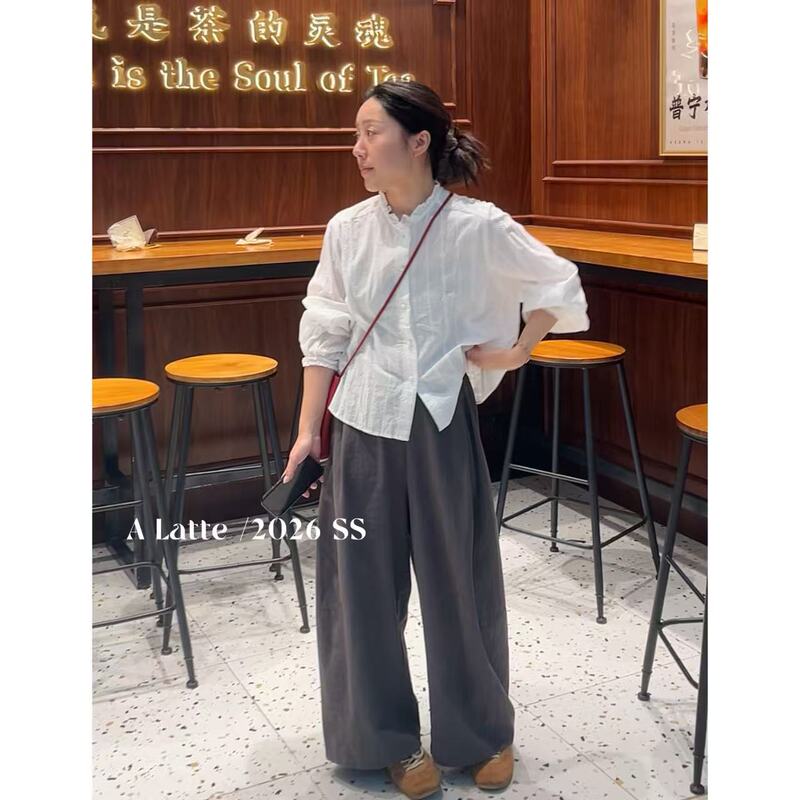 Alatte: White Pearl / 100% Cotton! Embroidered Long-Sleeve Lace Collar Shirt