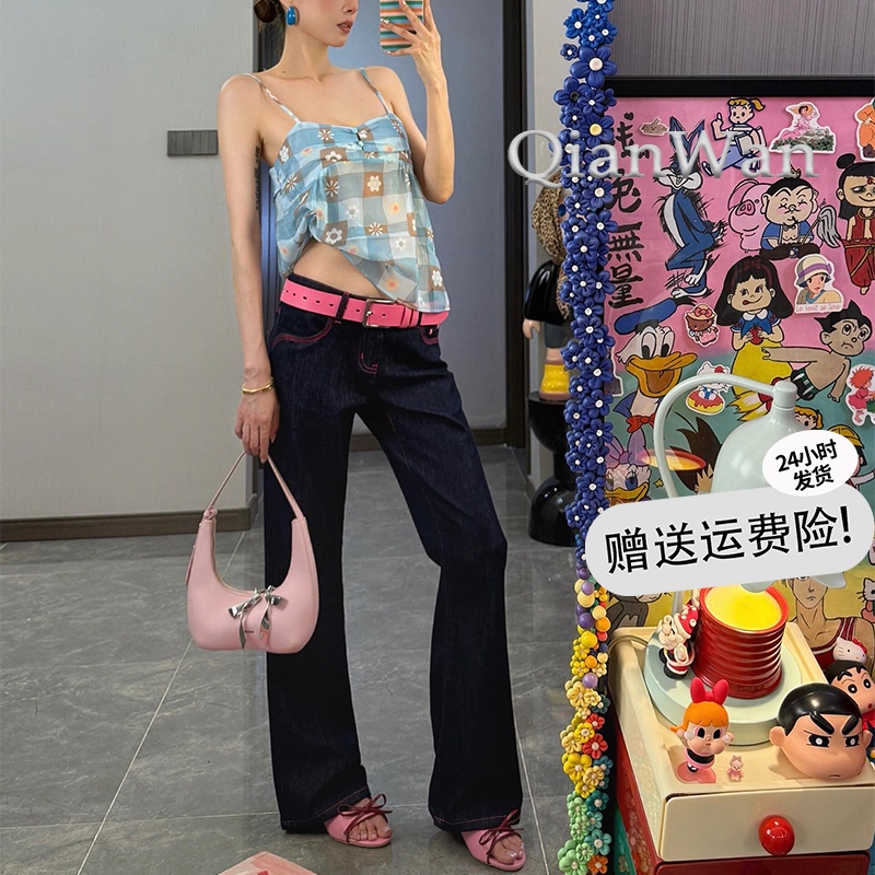 American-Style Denim Blue Wide-Leg Jeans for Women 2026 New Low-Waist Dark Blue Loose Slimming Non-Tight Flared Pants