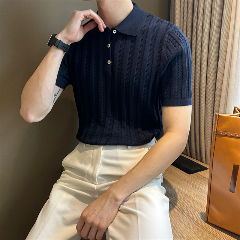 Old Money Style Spring and Summer Short-Sleeved Jacquard Fishbone Pattern Lapel Men's Polo Shirt Casual Slim Fit Stretch Knit T-Shirt