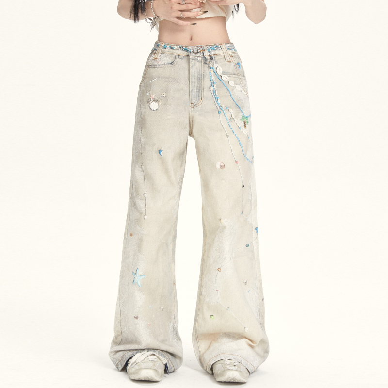Buleng (Formerly Cchun Puree) Pearl Lace Cold Transfer Print Jeans Versatile Holiday Style