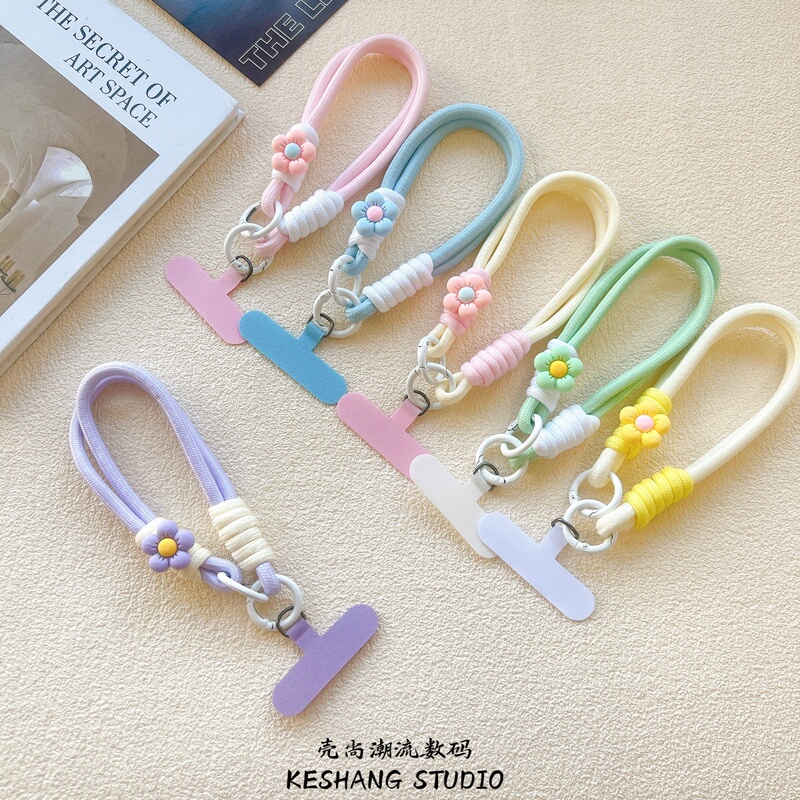 Phone Lanyard with Fresh Floral Design, Woven Short Strap Wristband, Hand Strap with Clip, Universal Phone Case Keychain for Women