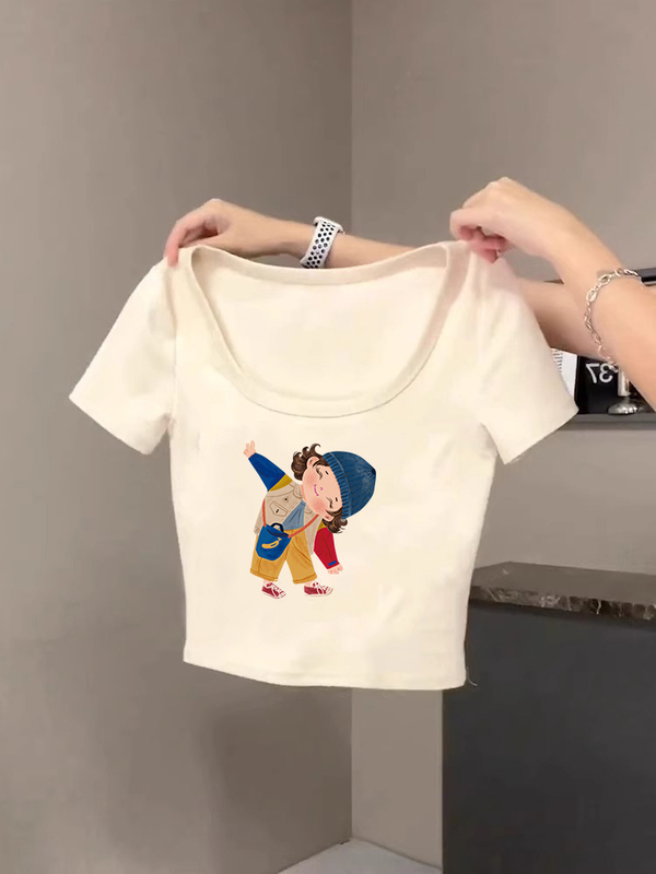 Trendy Sexy Short-Sleeve T-Shirt for Women, Popular Style for Petite Figures, Tight-Fitting High-Waisted Crop Top That Shows Off the Waist and Makes You Look Slimmer