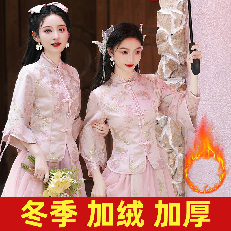 Chinese wedding bridesmaids 2023 new grey autumn and winter display slim long sleeves big code sister suit bridesmaid dress dress-Taobao