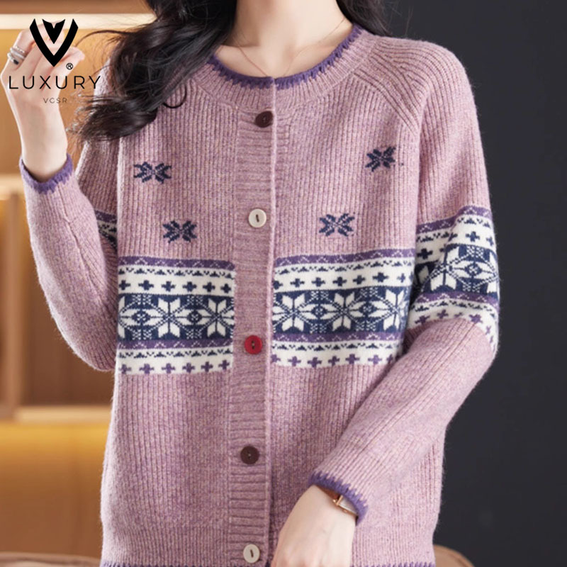 Mom's Knitted Cardigan for Women 2024 Winter New Fashion Large Size Loose Stylish Jacquard Short Coat Sweater