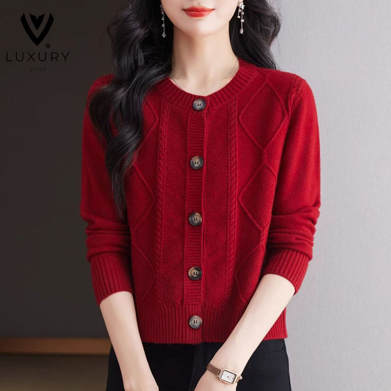 Ordos City Wool Autumn/Winter New Style Round Neck Buttoned Knitted Cardigan for Women, Mom's Sweater Coat for the Year of the Zodiac
