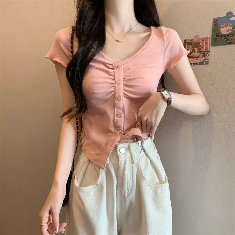 Дизайн летняя облегающая короткая футболка с коротким рукавом, тренд сезона
