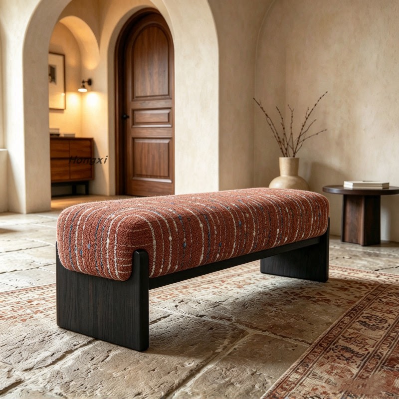Medieval-Style Solid Wood Bench Sofa Stool for Living Room, Home Use, Personalized Creative Dining Stool, Bed End Stool, Small Apartment Long Bench