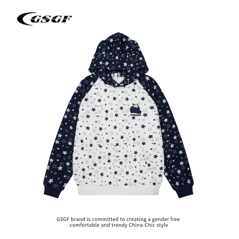Gsgf American Retro Style Cat and Star All-Over Print Hooded Sweatshirt with Ear Flaps for Women, Loose and Casual Versatile Top