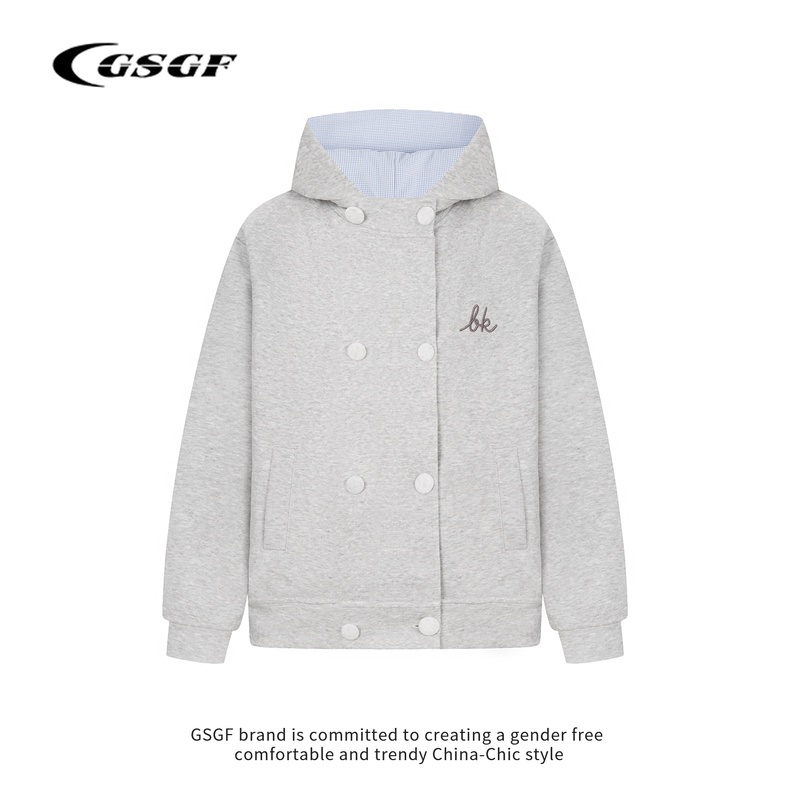 Gsgf Original Japanese-Style Double-Breasted Hooded Short Jacket for Men and Women, 2026 Autumn Casual Plaid Color-Blocking Versatile Top