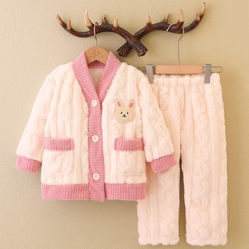 Autumn and Winter Kidsren's Flannel Pajamas 2025 New Style Boys and Girls Baby Kidsren Family Wear Coral Velvet Home Clothes
