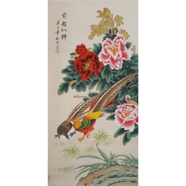 Country painting finished work stroke work pen peony broiler pure hand painted true track Three-size banner unframed core character painting-Taobao