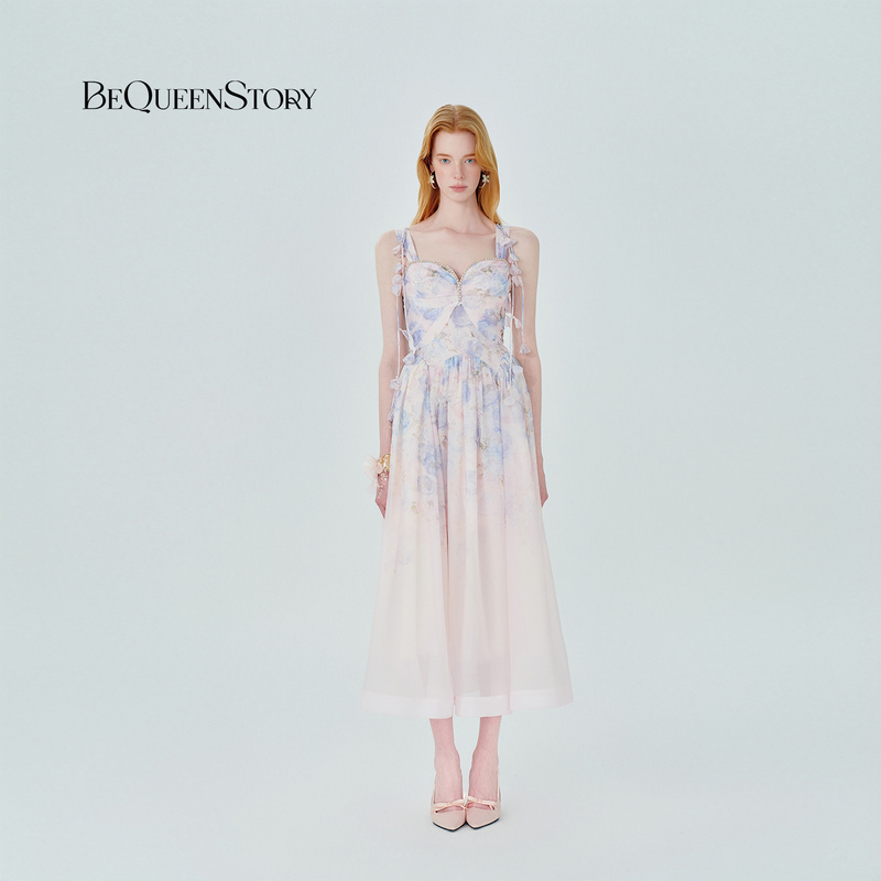 [Same Style as Song Ji-Ah] Bequeenstory26 Spring/Summer New Waist-Cinching Printed Spaghetti Strap Long Dress